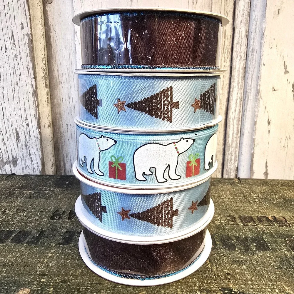 5 PC Set Celebrate It Christmas Ribbon Blue Brown‎ Holiday 7/8